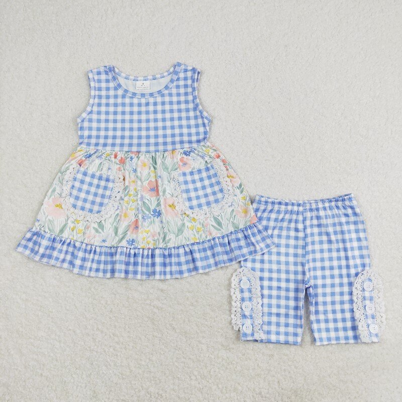 Baby Girls Blue Flowers Checkered Sibling Rompers Dresses Clothes Sets