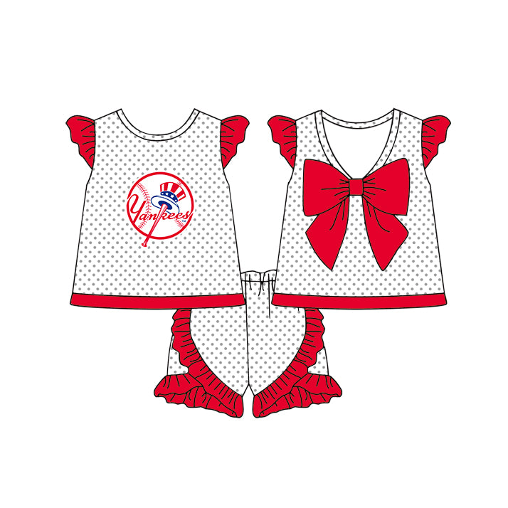 Preorder (moq 5)Baby Girls Yankees Polka Dots Back Bow Tunic Ruffle Shorts Team Clothes Sets