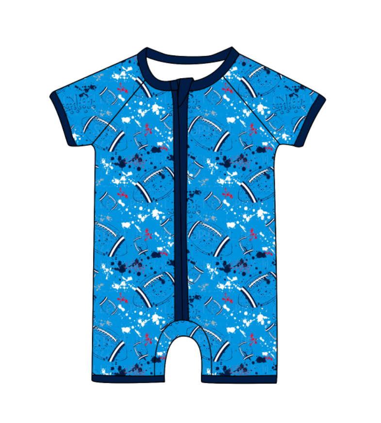 Preorder (moq 5)Baby Boys Short Sleeve Tie-dye Footballs Print Team Zip Rompers