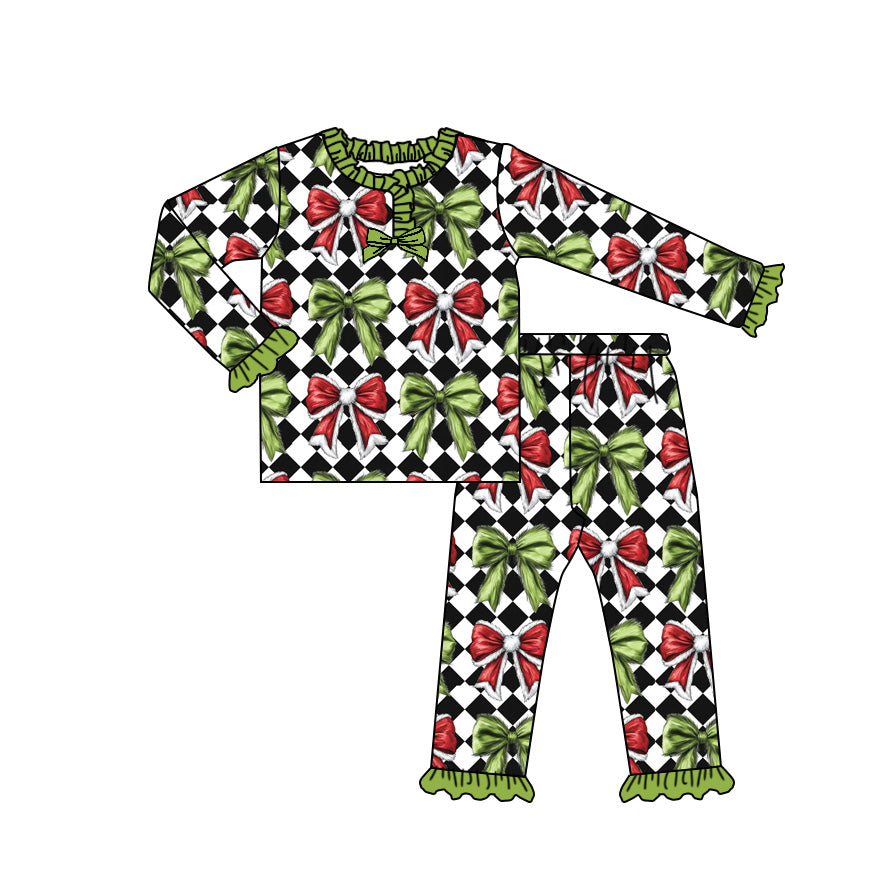 Preorder (moq 20)Baby Girls Bamboo Black Checked Green Red Bows Button Christmas Pajamas Sets