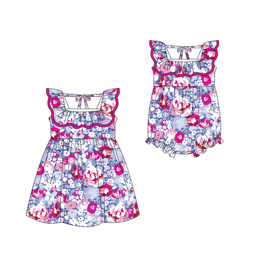 Preorder moq 5 Custom Baby Girls Hot Pink Floral Knee Length Dress Rompers