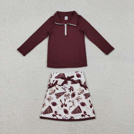 Baby Girls Dark Red Pullovers Bow Football Pockets Skirt Shorts Go Team Yoga Active Clothes Set