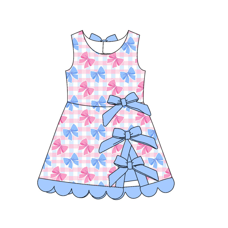 Preorder (moq 5)Baby Girls Pink Blue Checked Bows Short Scallop Knee Length Dresses