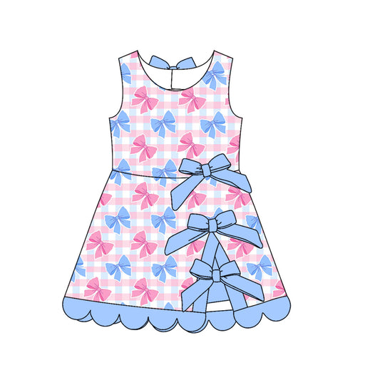 Preorder (moq 5)Baby Girls Pink Blue Checked Bows Short Scallop Knee Length Dresses