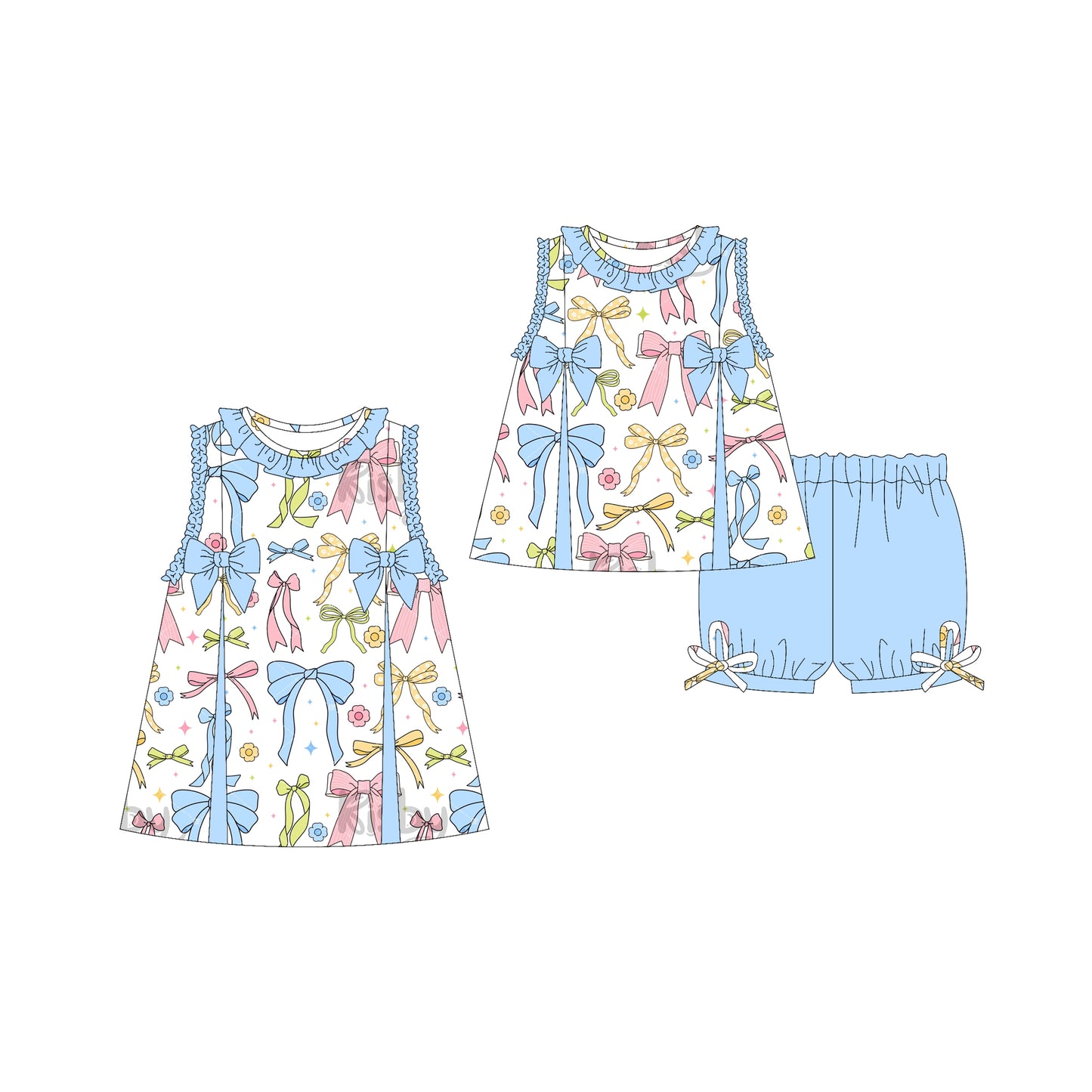 Preorder moq 5 Custom Baby Girls Sleeveless Colorful Bows Tunic Blue Ruffle Short Set Knee Length Dresses