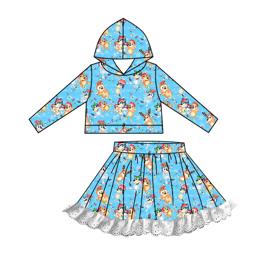 Baby Girls Christmas Dogs Hooded Top Lace Skirts Clothes Sets Preorder(moq 5)