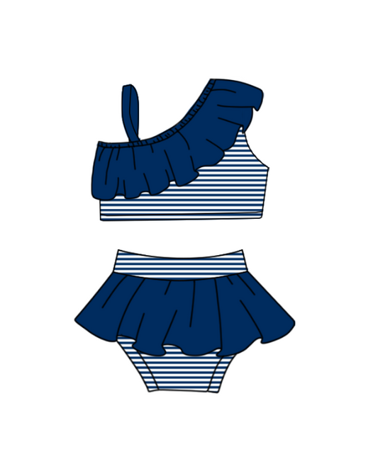 Preorder moq 5 Baby Girls Strap Navy Stripe Vest Top Bummies Short Team Swimsuits