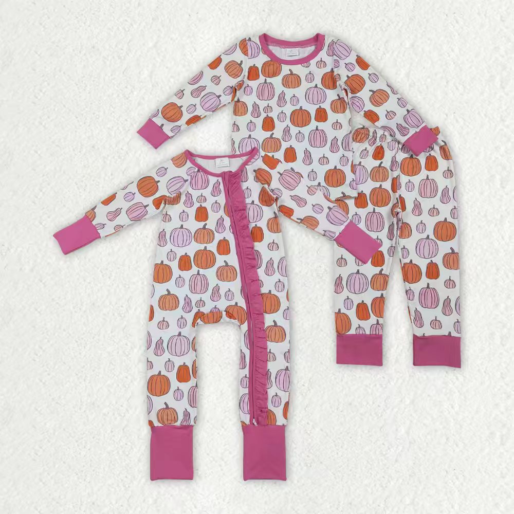 Sibling Baby Girls Pink Pumpkins Fall Pajamas Sets Ruffle Zipper Footie Rompers