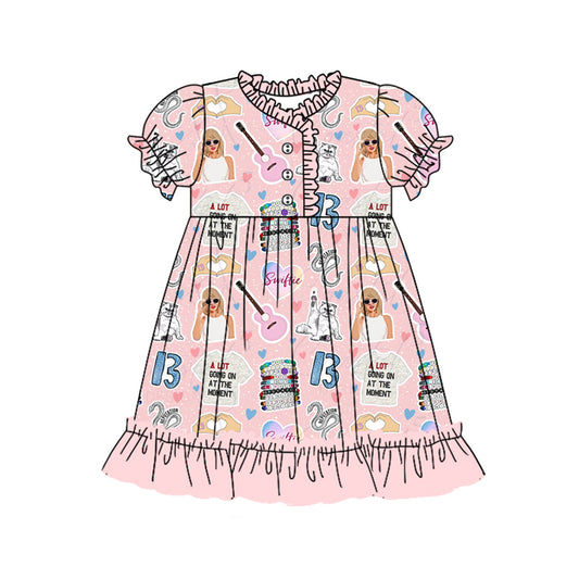 Preorder (moq 5)Baby Girls Singer Pink Disco Ruffle Knee Length Dresses