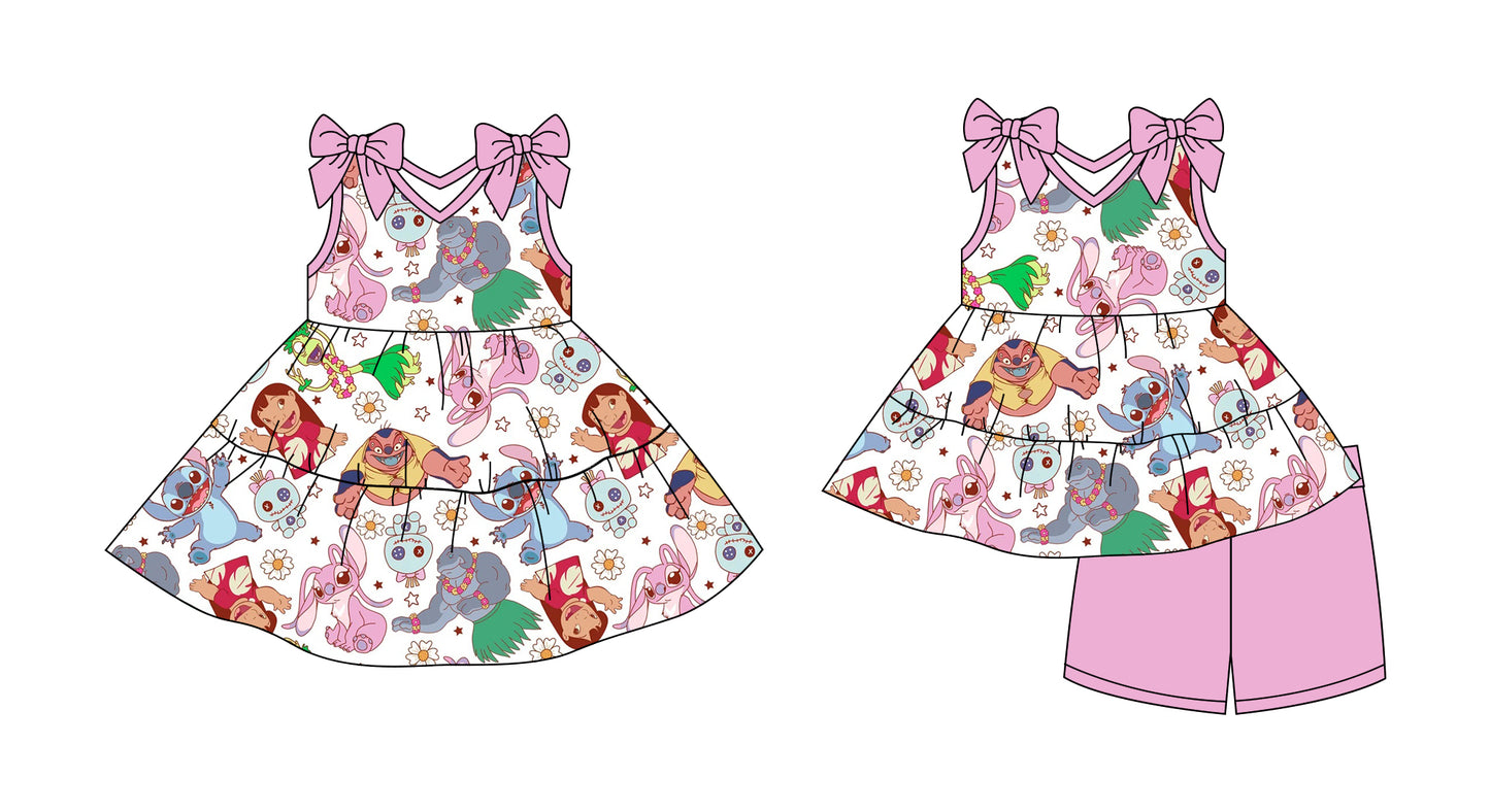 Preorder moq 5 Custom Baby Girls Pink Cartoon Dolls Tunic Short Set Knee Length Dresses