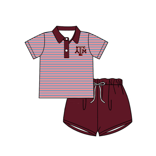 Preorder (moq 5)Baby Girls Red Stripe A&M Button Polo Top Shorts Team Clothes Sets