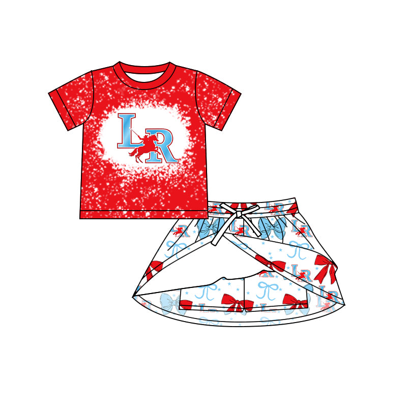 Preorder (moq 5)Baby Girls LR Red Blue bows team Top Skirt Skort Sets