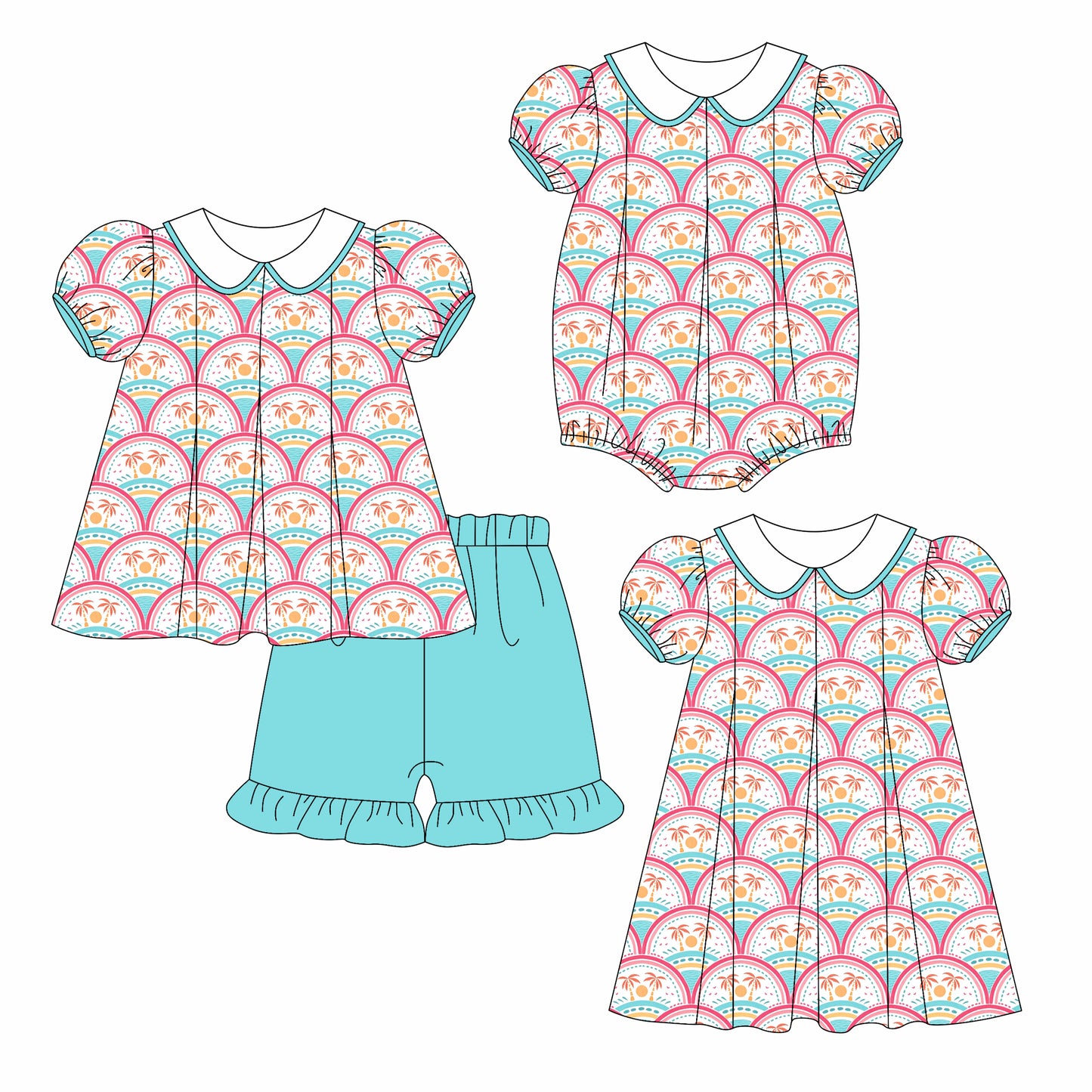 Preorder moq 5 Custom Baby Girls Blue Short Ruffle Sleeves Beaches Tunic Ruffle Short Set Knee Length Dress And Rompers