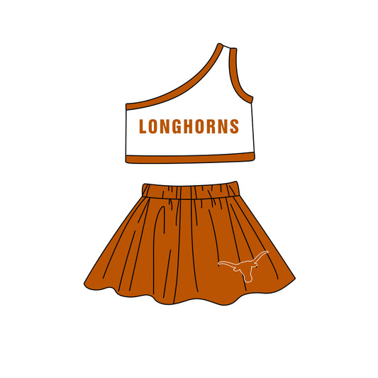 Baby Girls One Shoulder Longhorns Cheer Team Top Skirt Clothes Sets preorder(MOQ 5)