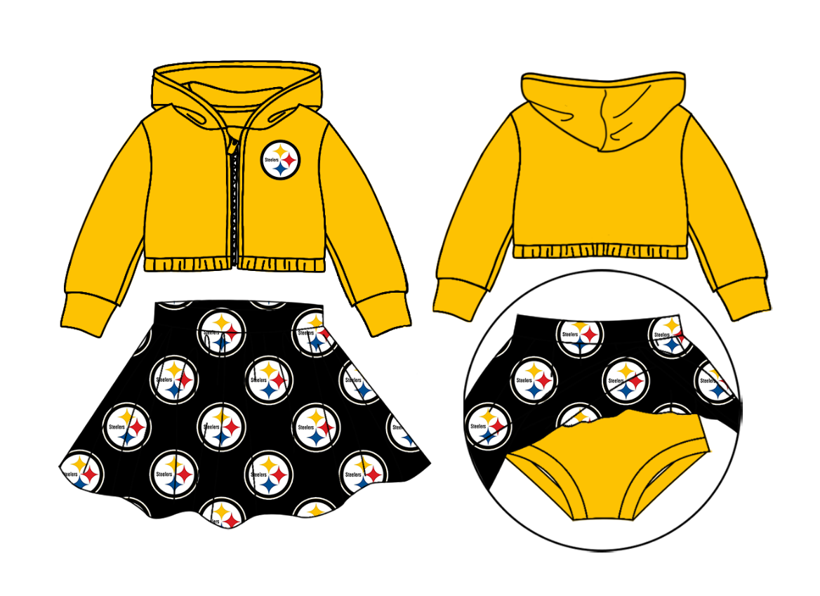 Preorder moq 5 Baby Girls Yellow Long Sleeves Stars Zipper Hoodies Plaid Skorts Team Set