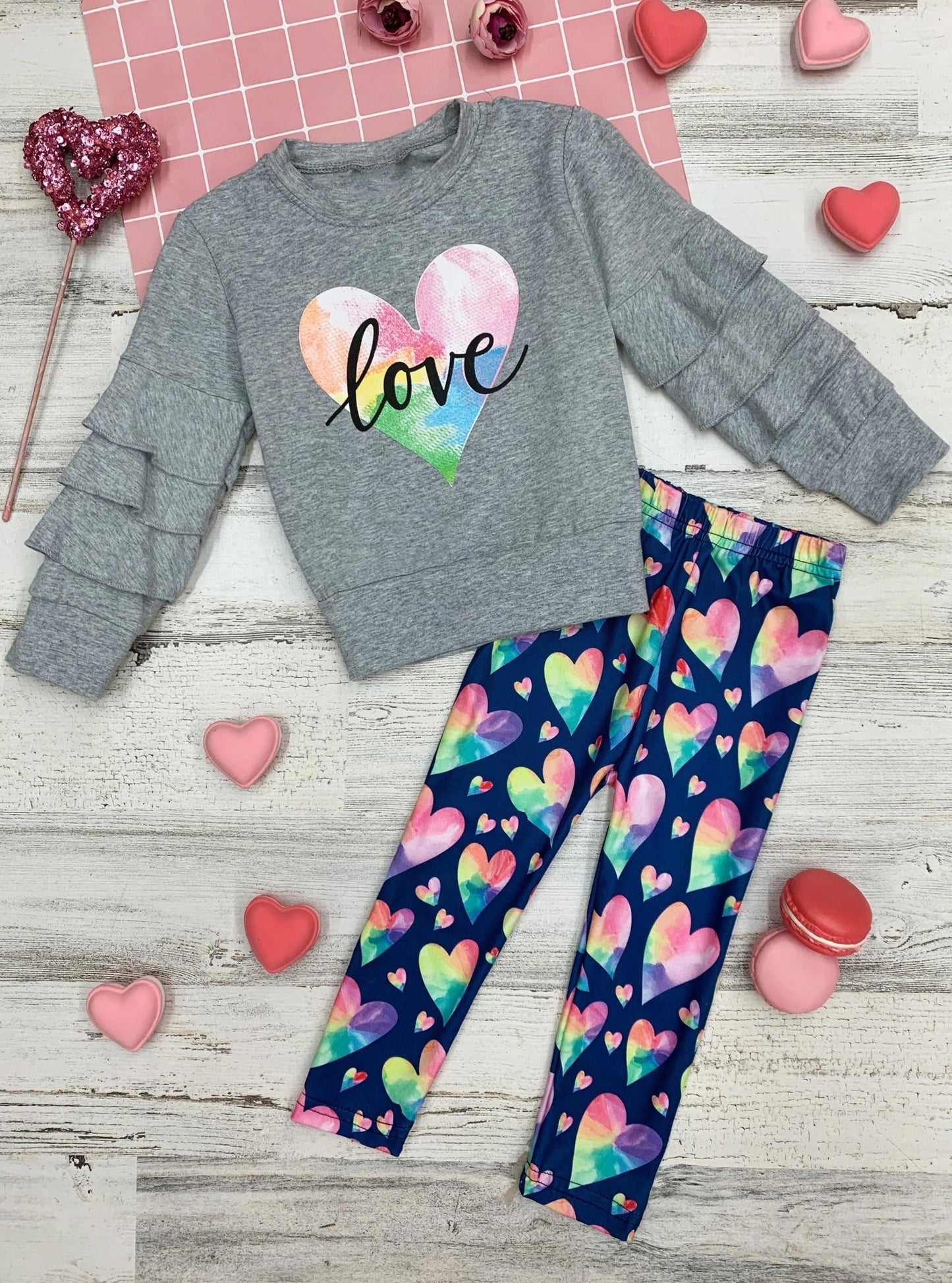 Baby Girls Valentines Grey Hearts Shirt Top Legging Clothes Sets preorder(MOQ 5)