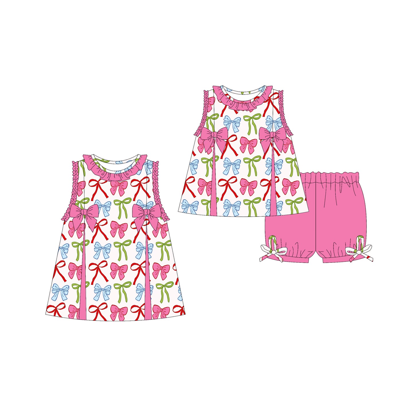 Preorder moq 5 Custom Baby Girls Sleeveless Colorful Bows Tunic Pink Ruffle Short Set Knee Length Dresses