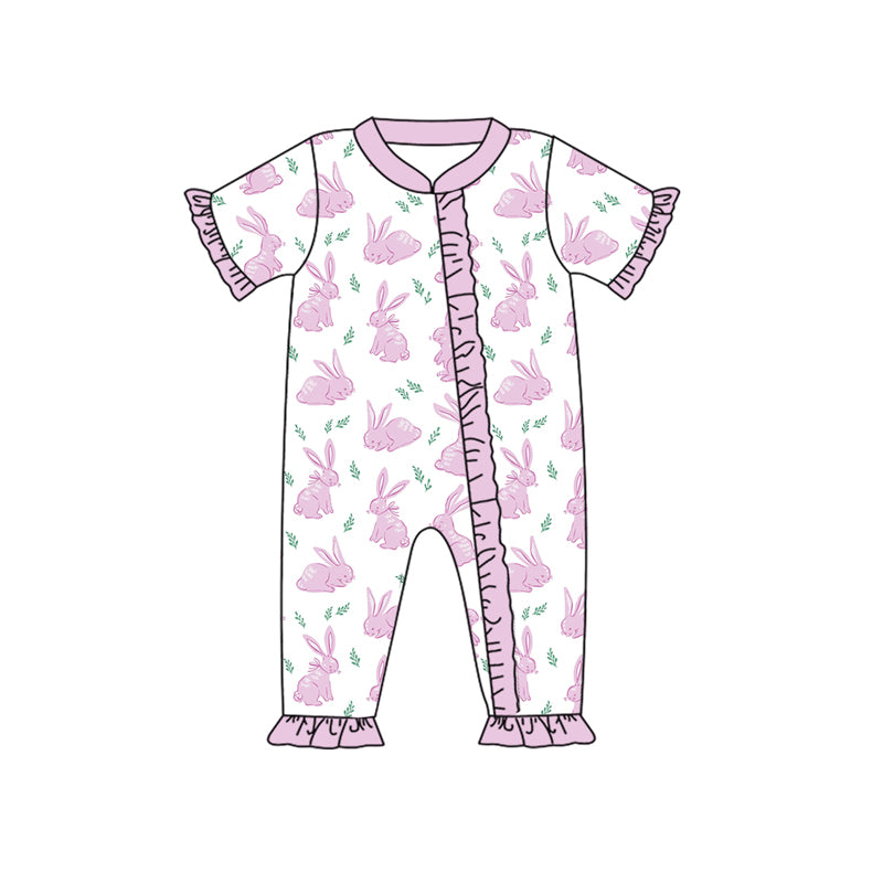 Baby Infant Girls Easter Pink Rabbits Ruffle Zip Rompers preorder(moq 5)