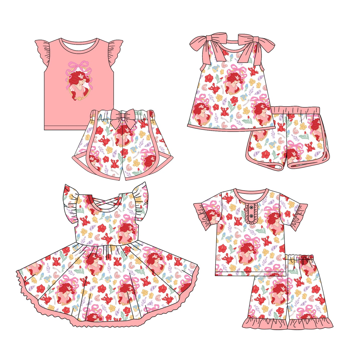 Preorder moq 5 Custom Baby Girls Crayfishes Princess Top Short Sets Knee Length Dresses