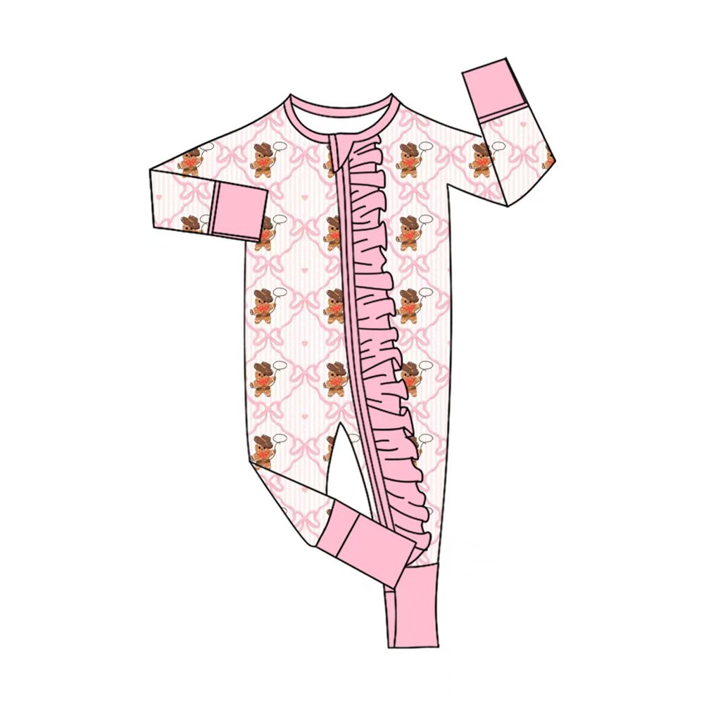 Preorder (moq 20)Baby Girls Bamboo Bows Gingerbread Christmas Zippy Footie Rompers