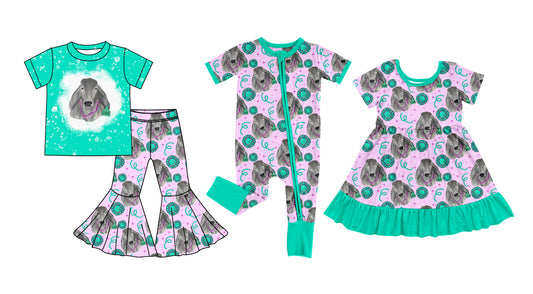 Preorder(moq 5 each)Sibling Baby Girls Western Cow Turquoise Romper Dress Clothes Sets