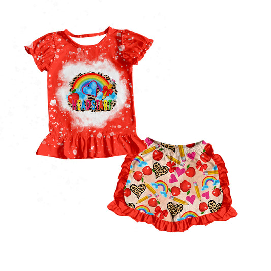 Baby Girls Back To School Red Rainbow Shirt Top Ruffle Shorts Clothes Sets preorder(moq 5)