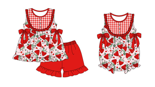 Preorder(moq 5 each)Sibling Baby Girls Spring Strawberry Tunic Top Shorts Bows Rompers Clothes Sets