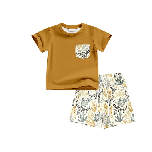 Baby Boys Khaki Shirt Pocket Top Western Cow Cactus Shorts Clothes Sets preorder(moq 5)