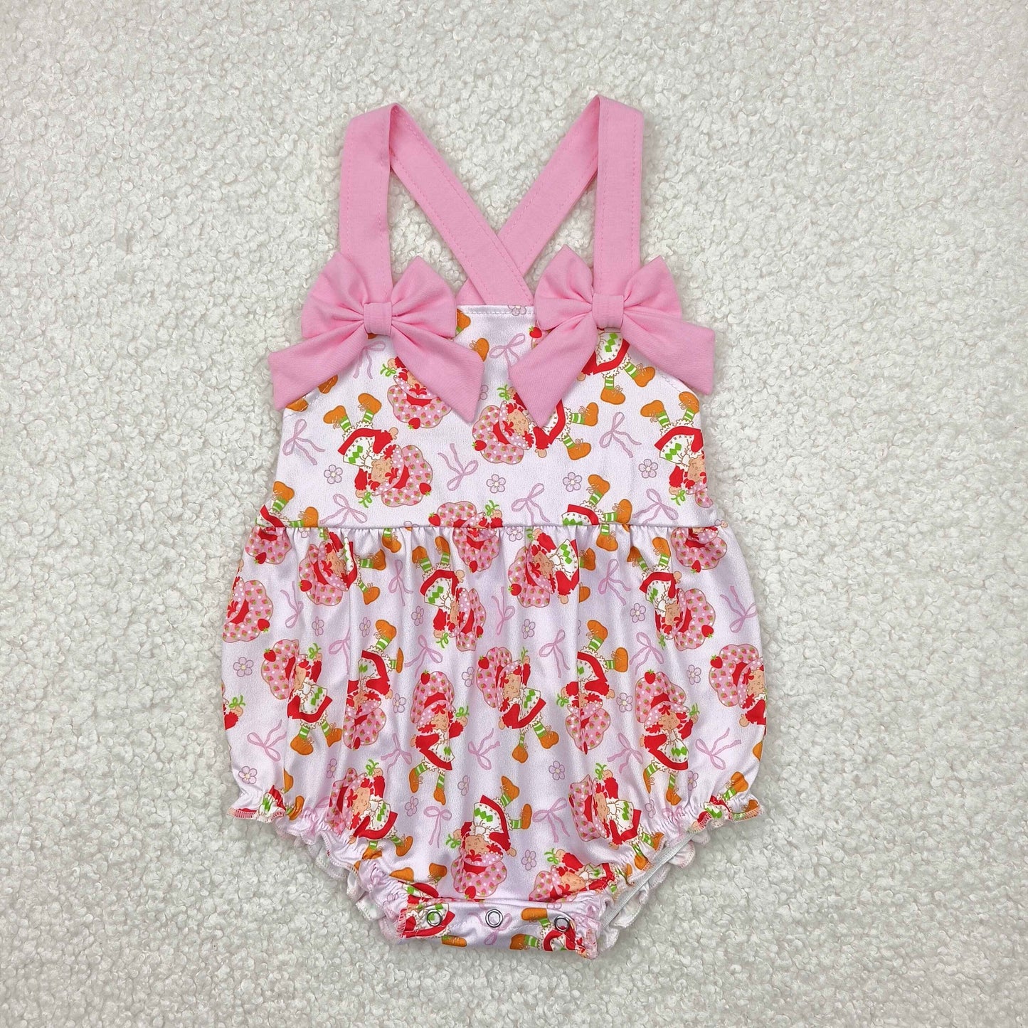 Sibling Baby Girls Pink Strap Bows Strawberry Floral Knee Length Dresses Rompers