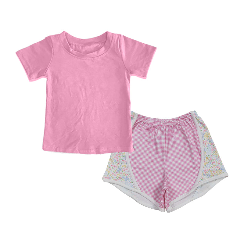 Preorder(moq 5) Baby Girls Short Sleeves Shirts Top Pink Plaid Floral Shorts Set