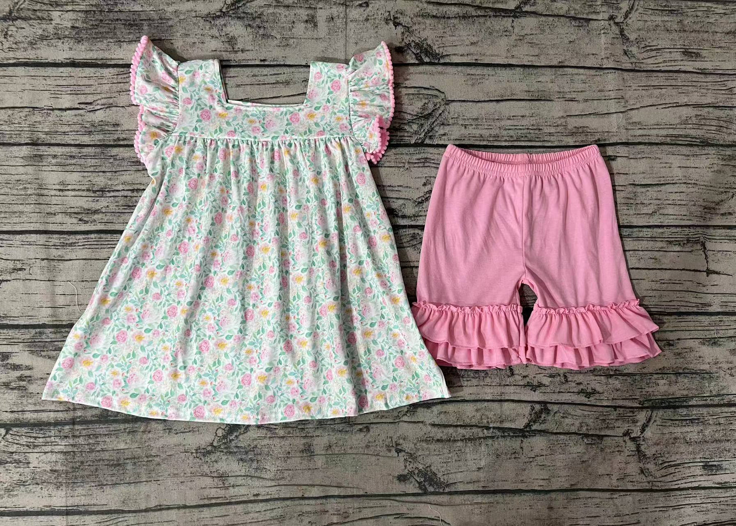 Baby Girls Pink Flowers Tops Ruffle Shorts Clothes Sets