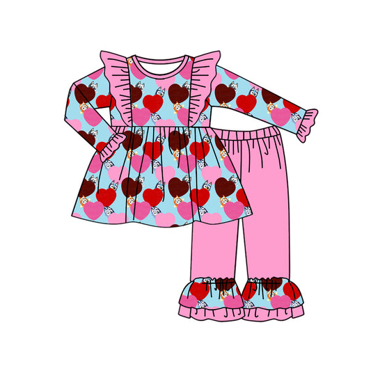 Baby Girls Valentines Dog Hearts Tunic Top Ruffle Pants Clothes Sets preorder(MOQ 5)