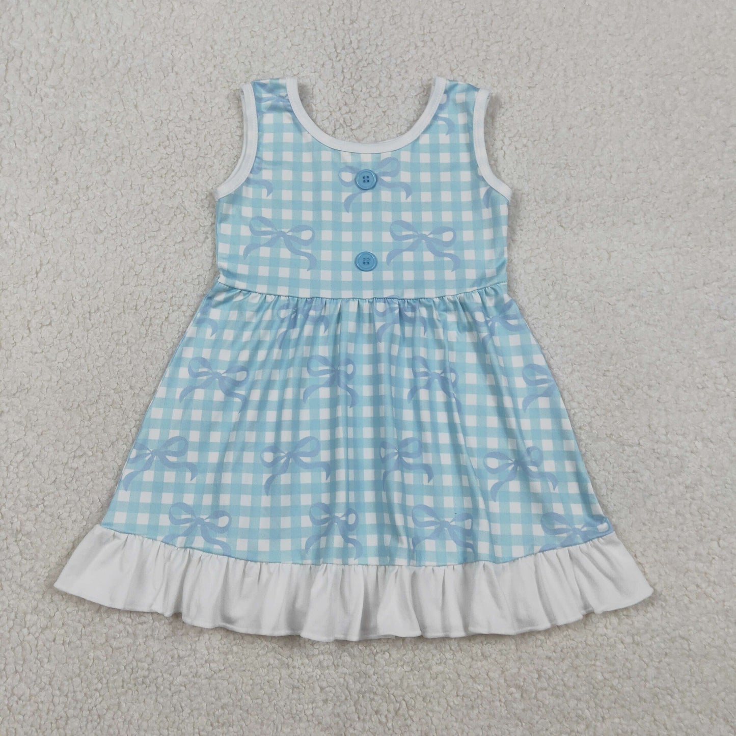 Baby Girls Blue Checked Bows Sleeveless Ruffle Knee Length Dresses
