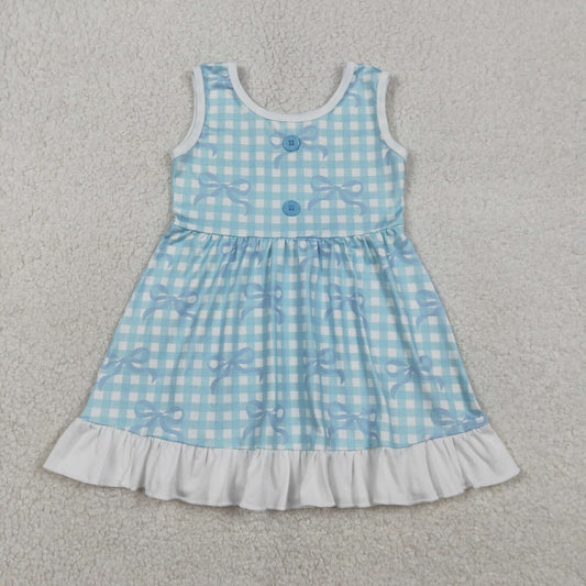 Baby Girls Blue Checked Bows Sleeveless Ruffle Knee Length Dresses
