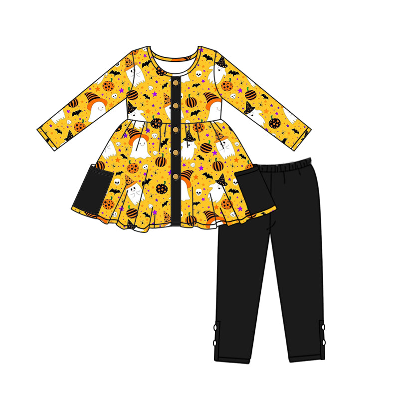 Baby Girls Halloween Ghost Pumpkin Pocket Tunic Legging Clothes Sets Preorder(moq 5)