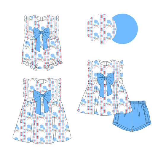 Preorder moq 5 Custom Baby Girls Sleeveless Flowers Stripe Bow Tunic Blue Ruffle Short Set Knee Length Dress Rompers
