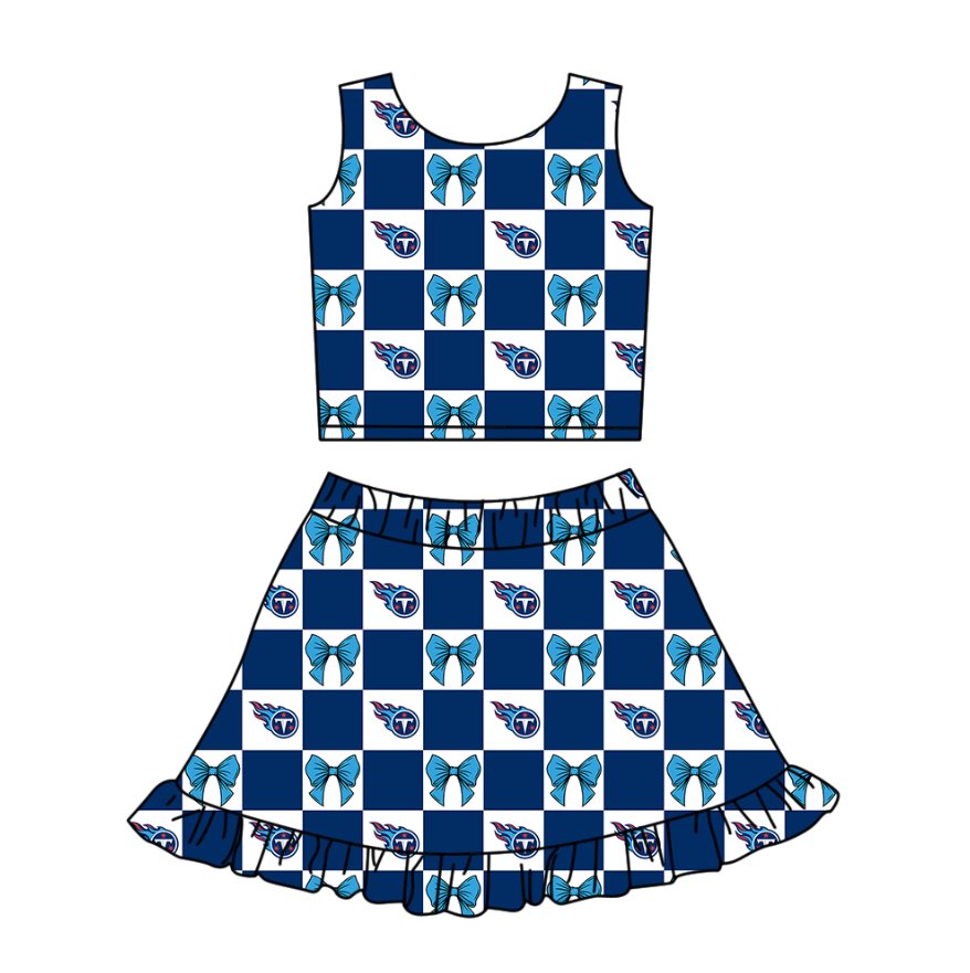 Preorder (moq 5)Baby Girls Blue T Bows Checked Vests Ruffle Skirt Shorts Team Clothes Sets
