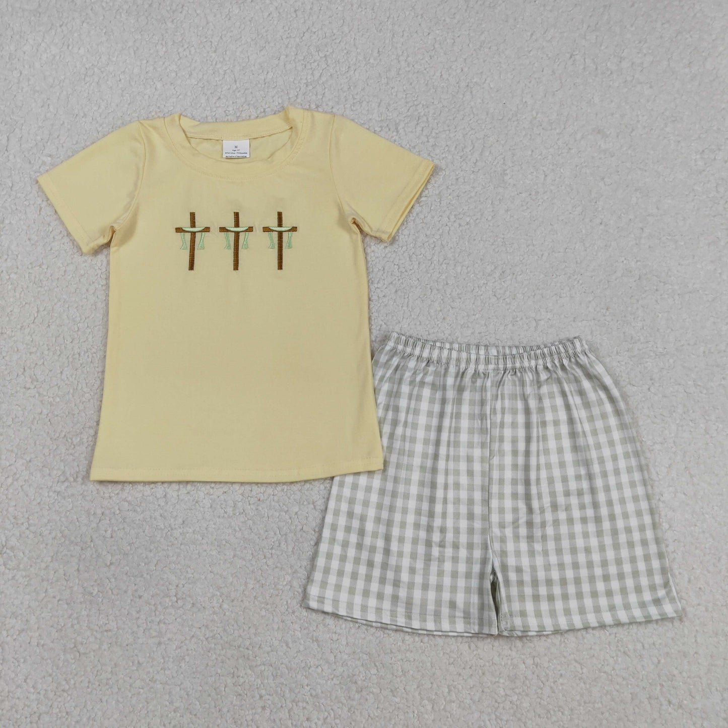 Embroidery Baby Boys Crosses Top Checked Shorts Easter Clothes Sets
