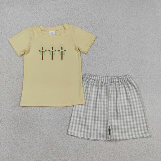 Embroidery Baby Boys Crosses Top Checked Shorts Easter Clothes Sets