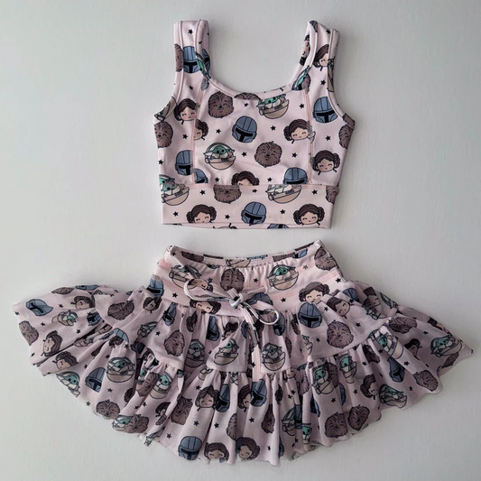 Preorder (moq 5)Baby Girls Cartoon Dolls Stars Vest Top Skirt Shorts Clothes Set