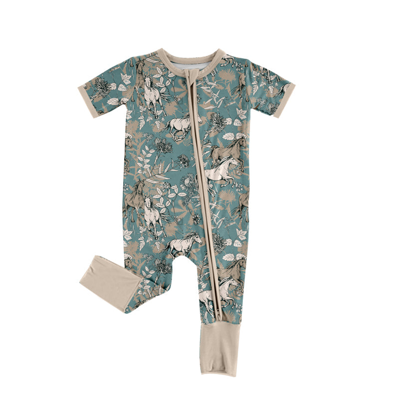 Baby Infant Girls Western Horse Flowers Zip Rompers preorder(moq 5)