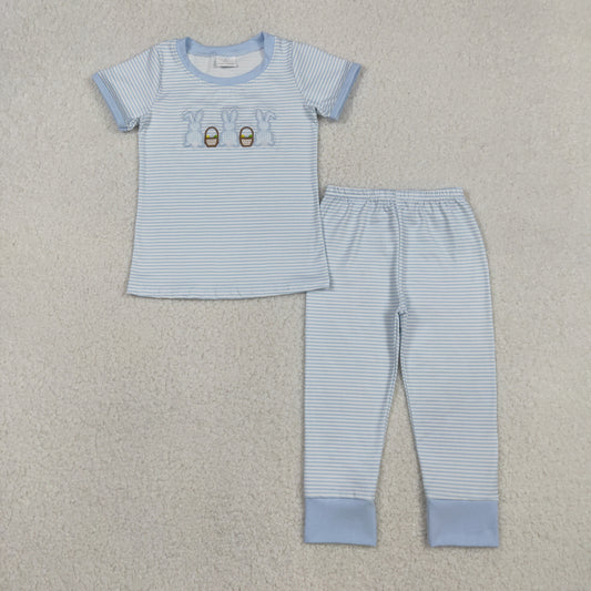 Embroidery Rabbits Eggs Baby Boys Blue Stripe Top Pants Easter Pajamas Sets