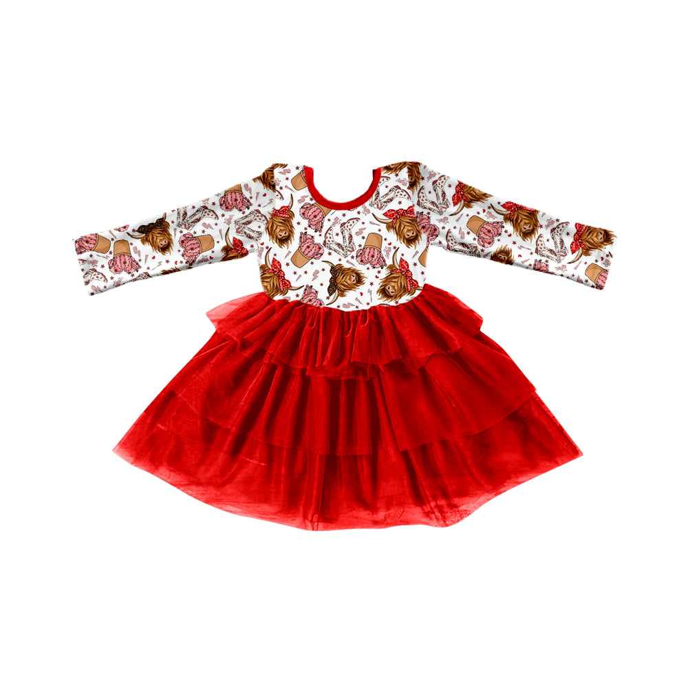 Baby Girls Valentines Highland Cow Red Tutu Ruffle Dresses preorder(moq 5)