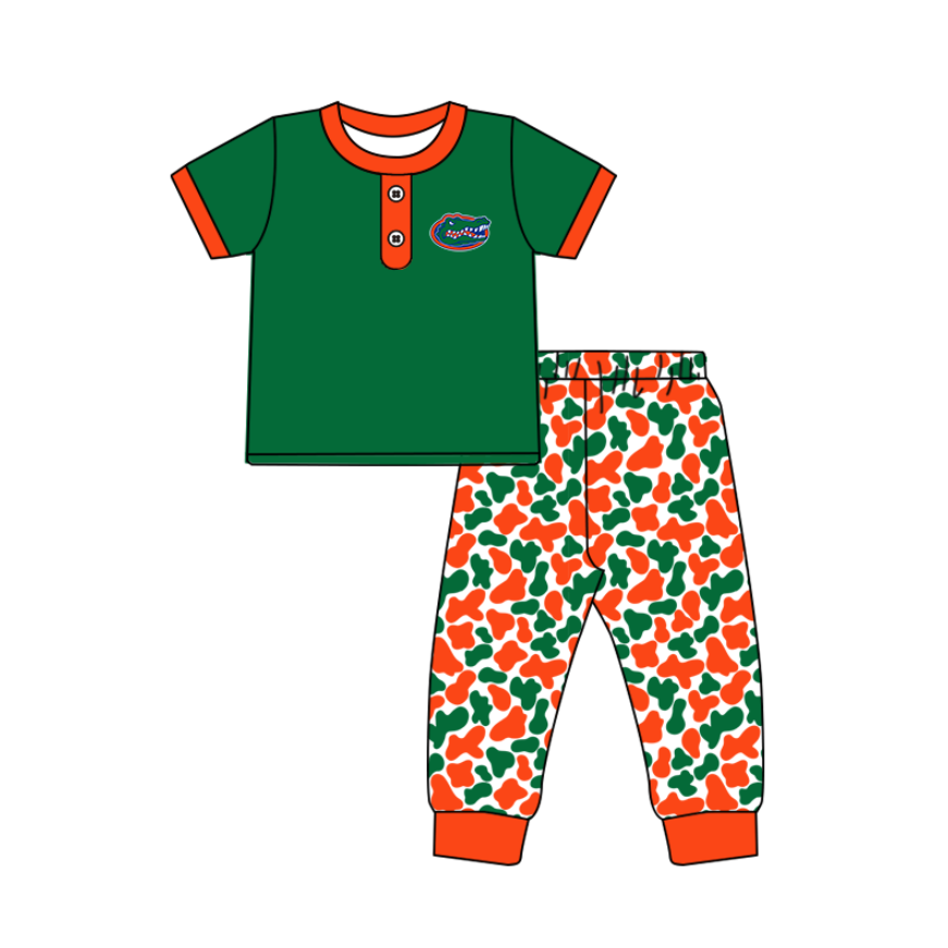 Preorder (moq 5)Baby Boys Green Crocodiles Button Top Camo Pants Team Clothes Sets