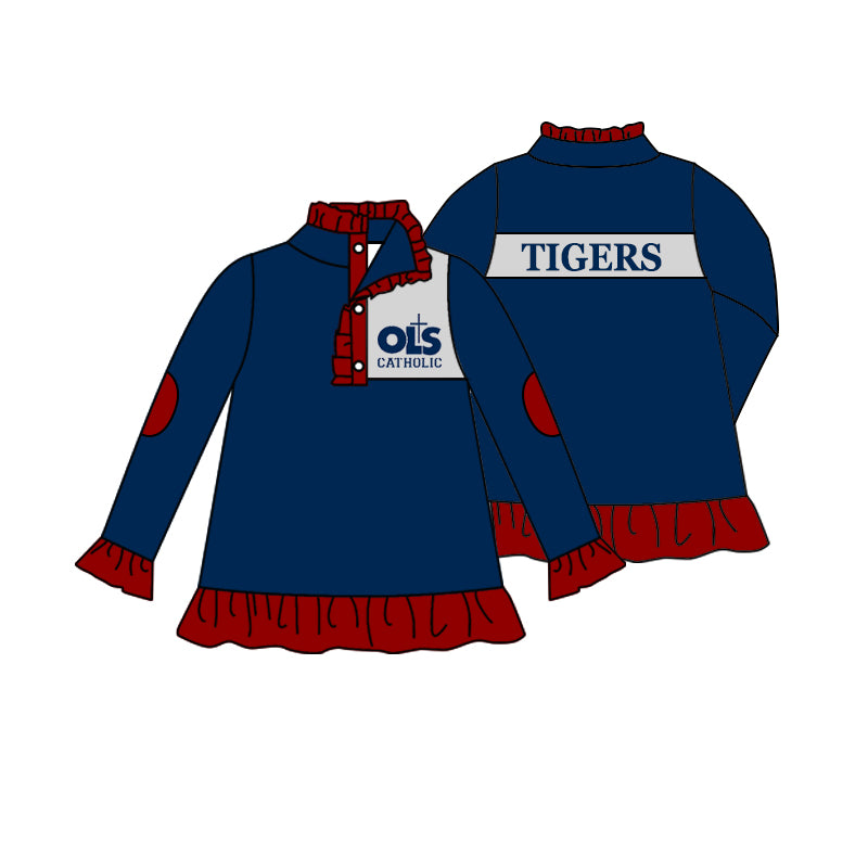 Team Baby Girls Long Sleeve Tigers Blue Buttons Pullover Shirt Tops preorder(moq 5)