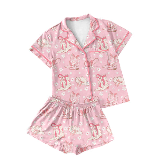 Preorder(moq 5)Adult Women Western Pink Lapel Button Tee Shirts Shorts Pajamas Sets