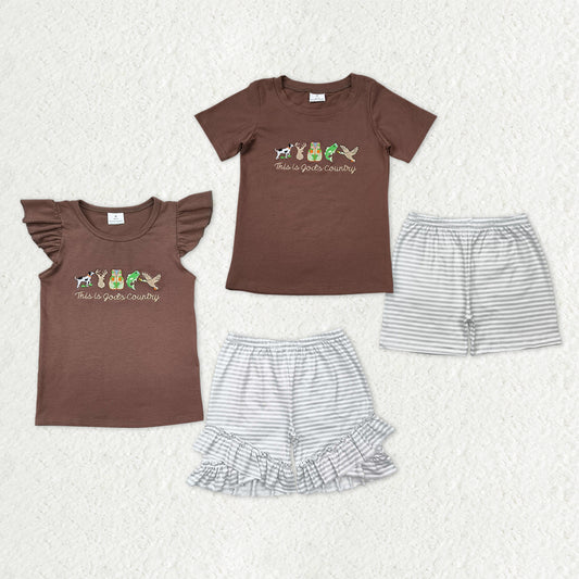 Sibling Baby Boys Girls Embroidery This is God'd Country Top Stripe Shorts Hunting Clothes Sets