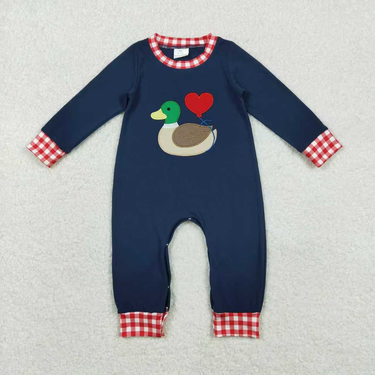 Sibling Baby Boys Girls Embroidery Duck Hearts Red Checked Pant Valentines Clothes Sets Footie Rompers