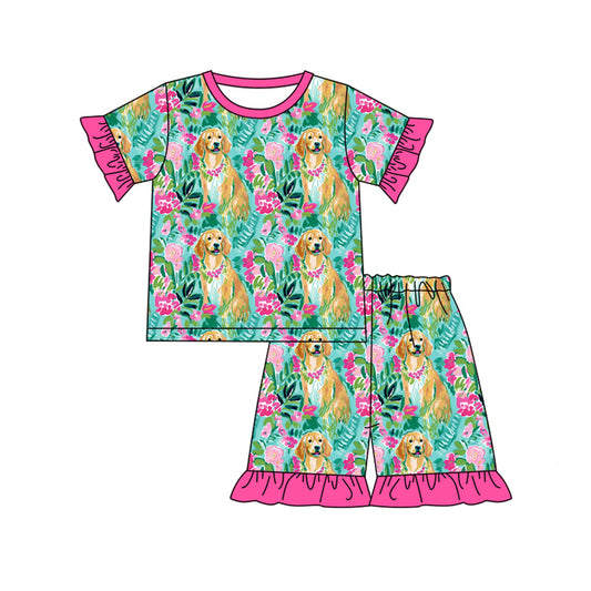 Preorder (moq 5)Baby Girls Flowers Dogs Top Ruffle Shorts Pajamas Clothes Sets