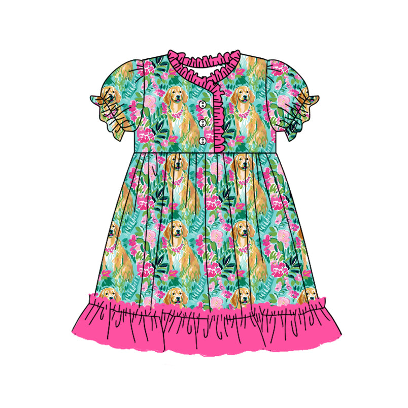 Preorder (moq 5)Baby Girls Flowers Dogs Ruffle Knee Length Dresses